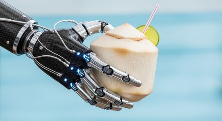 Robot hand holds a coconut drink with a lime slice and straw set against a light blue background