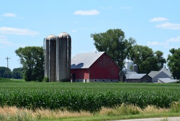 Rural scene with a red barn, cornfield, silos, and trees against a blue sky on a sunny day