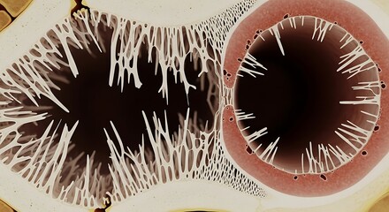 Intricate, detailed, and colorful microscopic view of a complex, organic structure with contrasting light and dark tones.