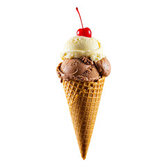 An ice cream cone with vanilla and chocolate scoops and a cherry