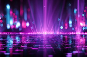 Abstract digital landscape with glowing floor and violet beams shining upward, set against bokeh lights in blues and pinks