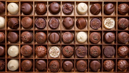 Luxury assortment of chocolates in a golden box, top view of pralines and truffles with elegant decoration, perfect for holidays, gifts, and sweet indulgence.