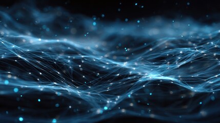 Abstract illustration of connected nodes, forming a flowing network with blue lines, shimmering particles, and a dark backdrop
