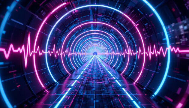 A futuristic neon tunnel with pulsating pink and blue rings and a waveform overlay, suggesting a journey through sound or data