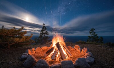 Night campfire, starry sky, moonlit scene