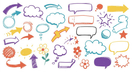 Hand drawn doodle elements for creative design projects and presentations, bright and fun