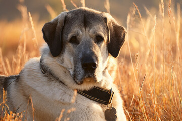 A peaceful Anatolian Shepherd Dog in a field, promoting youth education on animal respect and the beauty of rural environments.
