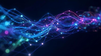 Abstract visualization of interconnected glowing particles forming wavy lines against a dark background, representing data flow or network connections.