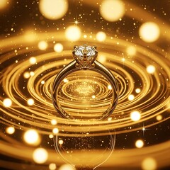 A golden ring, showcasing a brilliant diamond, sits atop an elegant, swirling background of sparkling lights.