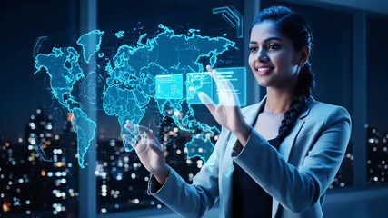 Woman interacts with hologram map interface. She manipulates virtual world data panels. Touchscreen gestures reveal global network and technology. Business focus suggests innovation and strategy. - Powered by Adobe