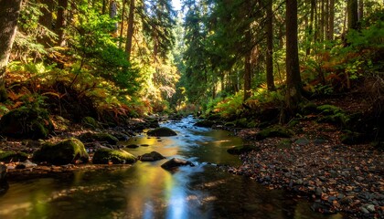Obraz premium Forest stream bathed in sunlight
