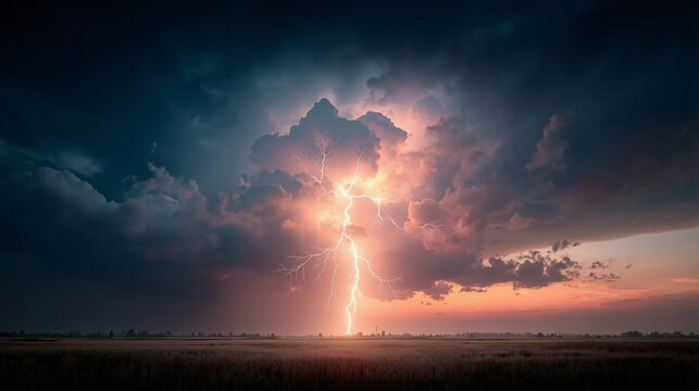 A lightning bolt in the sky over a field of wheat - Powered by Adobe