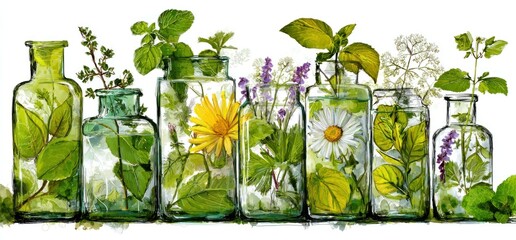 Lineup of different plants and flowers in various glass bottles with a bright, airy feel and white background
