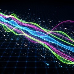 Multi-colored, flowing lines and shimmering particles create an abstract, futuristic design on a dark grid background.