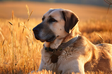 A calm Anatolian Shepherd Dog resting in nature, promoting emotional growth and youth-friendly education about rural animal life.
