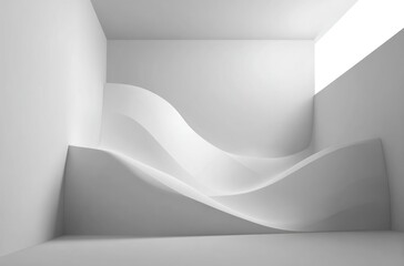 Minimalist corner A room with smooth, undulating white structure, bathed in soft light, creating a serene and abstract architectural space