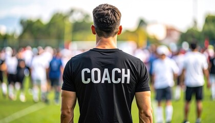 Fototapeta premium Man's back view, wearing 'COACH' shirt on the field, overseeing a crowd, with greenery and distant structures blurring behind