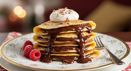 A stack of delectable crepes, glistening with melted chocolate sauce, topped with whipped cream and sprinkled with chocolate shavings, sits attractively on a decorative plate with fresh raspberries.