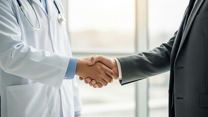 Doctor and businessman shake hands, symbolizing partnership