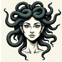 Medusa Illustration: An artistic illustration of the infamous Medusa, showcasing her iconic serpent hair and captivating gaze, evoking a sense of ancient mythology and power.