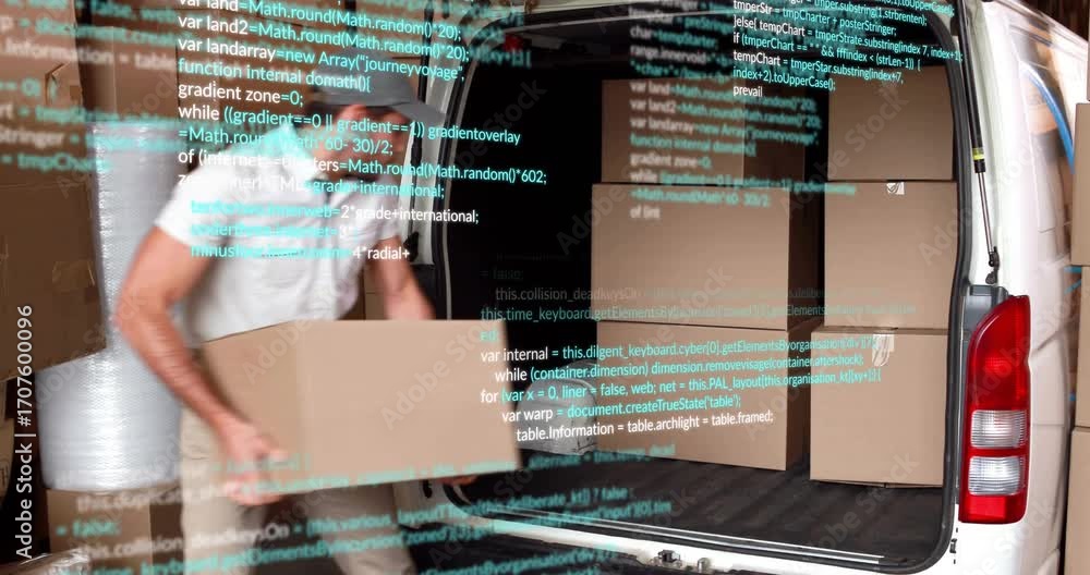 Poster reaching to close box, logistics worker loading parcels into van under scrolling code overlay