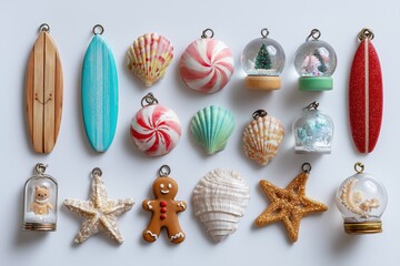 Colorful Miniature Ornaments And Seashells Arranged On White Background