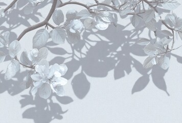 Soft grey flowers & leaves cast shadows on a textured white surface, creating a serene & calming natural aesthetic with subtle contrast