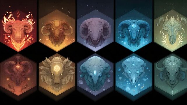 Colorful and Artistic Representation of Various Ram Heads with Distinctive Designs and Stylish Backgrounds for Creative Projects