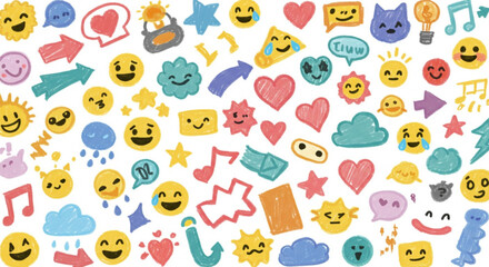 Cheerful and vibrant seamless pattern of hand-drawn emojis and doodles for playful designs