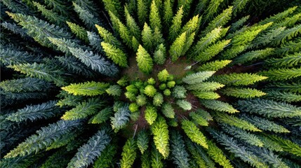 Aerial view vibrant pine tree tops forming an intricate radial pattern; lush green hues transition from dark to light, evoking nature's artistry