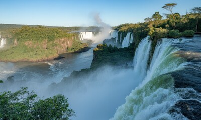 Fototapeta premium Panoramic view of Iguazu Falls. Lush green jungle landscape surrounds the cascading waterfalls, which plunge into a misty valley