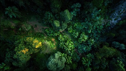 Aerial view of lush, green forest canopy with a narrow trail winding through dense vegetation, shadowed by towering trees and bright sunlight
