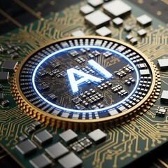 A close-up view of a circuit board, featuring the word "AI" highlighted in bright neon blue light within a gold-edged circle.