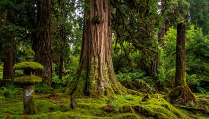 A serene forest scene with towering trees, moss-covered ground, and stone structures, bathed in soft, diffused light