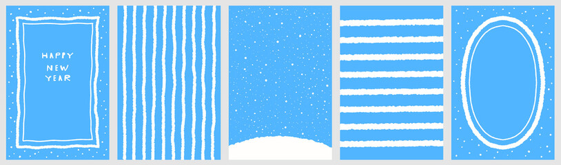 Winter snow abstract backgrounds set, collection. Rectangle oval ellipse snowy frames, stripes patterns borders. Uneven falling hand drawn snowflakes dots spots spray splash texture.
