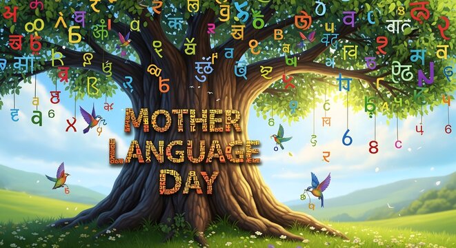 Mother Language Day Celebration: Multilingual Diversity Heritage, Cultural Roots Tree, Language Preservation Awareness, Global Linguistic Unity, Educational Event, Native Tongues