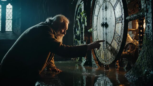 Repairing clock tower mechanism by hand. An old man with beard kneels and points at gear. A watchmaker studies the timepiece and inspects clockwork. Water drips and moss covers metal and stone floor.