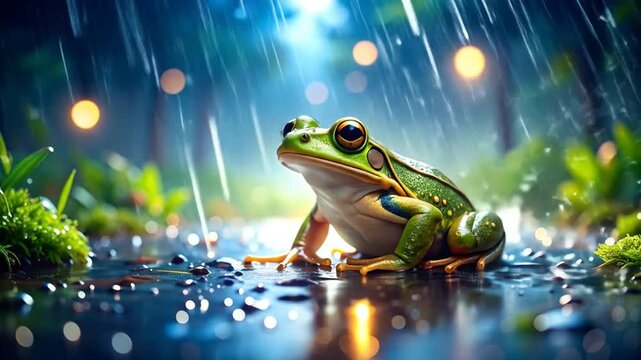 Frog in rain with forest puddle, and nature background.
