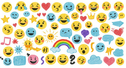 Joyful emoji collection bursting with vibrant expressions, stars, hearts, and rainbows