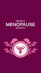 World Menopause Month banner. Female reproductive system in alarm clock with flowers. Medical poster ,for mobile responsive