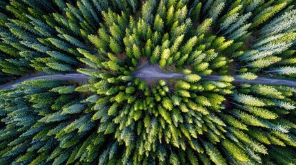 Aerial view of a dense coniferous forest with a winding dirt road cutting through the trees creating a natural, green tunnel effect