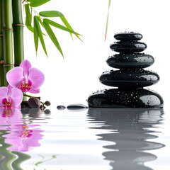 A serene still life featuring a stack of wet black stones, pink orchids, and green bamboo, reflected in rippling water against white