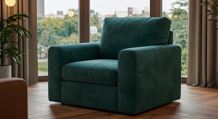 Fototapeta premium Teal velvet armchair in modern living room