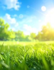 Obraz premium Lush green field with bright sun shining down on it, creating a cheerful and inviting atmosphere