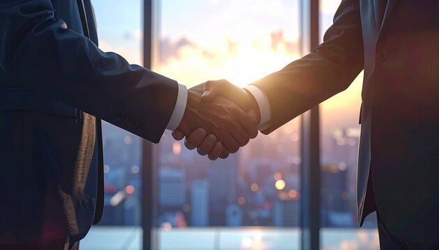 Successful deal sealed with a handshake in a modern office, skyline view, tailored suits, clear focus, realistic for corporate success page. 