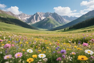 Obraz premium A stunning view of colorful wildflowers blooming in a serene meadow with a magnificent mountain backdrop