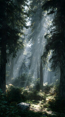 Obraz premium Mystischer Wald mit Sonnenstrahlen und Nebel im Morgenlicht 