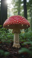 A vibrant red mushroom, speckled with white, stands tall in a shadowy forest, bathed in morning light.