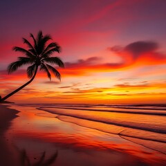 A vibrant sunset paints the tropical beach, showcasing a leaning palm tree silhouetted against fiery skies.