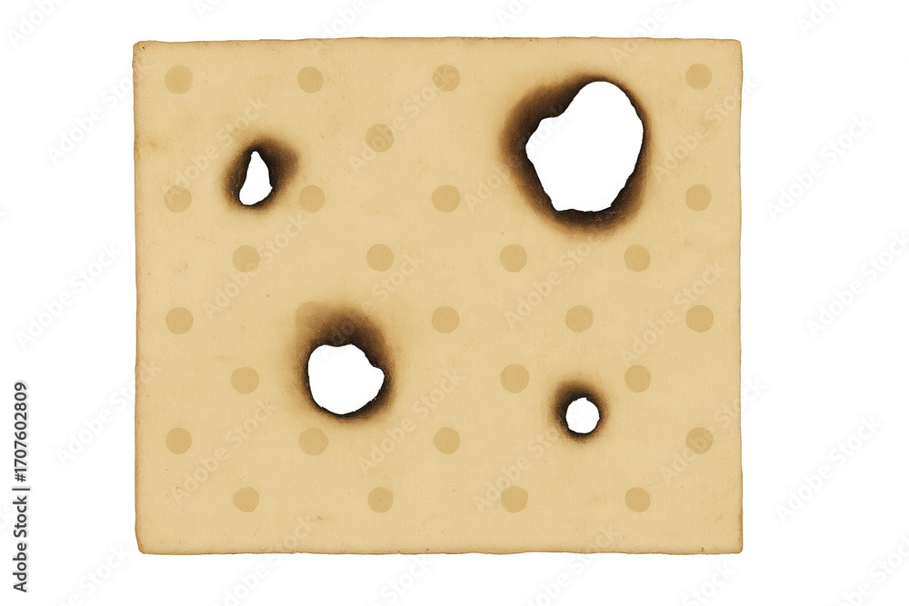 Poster rectangular sheet of old burnt paper with multiple holes and dotted pattern isolated on transparent 